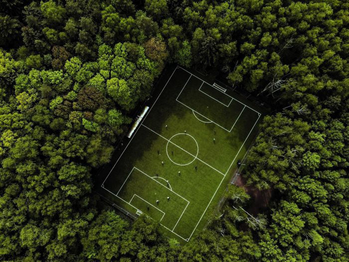 Ein Fußballfeld inmitten eines Waldes, aus der Vogelperspektive fotografiert.
