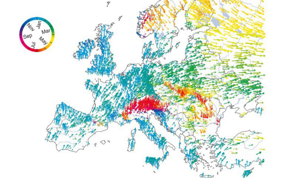 Grafik: Das durchschnittliche Auftreten von Hochwässern im Lauf des Jahres - Winterhochwässer und Sommerhochwässer. Credits: TU Wien Grafik: Das durchschnittliche Auftreten von Hochwässern im Lauf des Jahres - Winterhochwässer und Sommerhochwässer. Credits: TU Wien