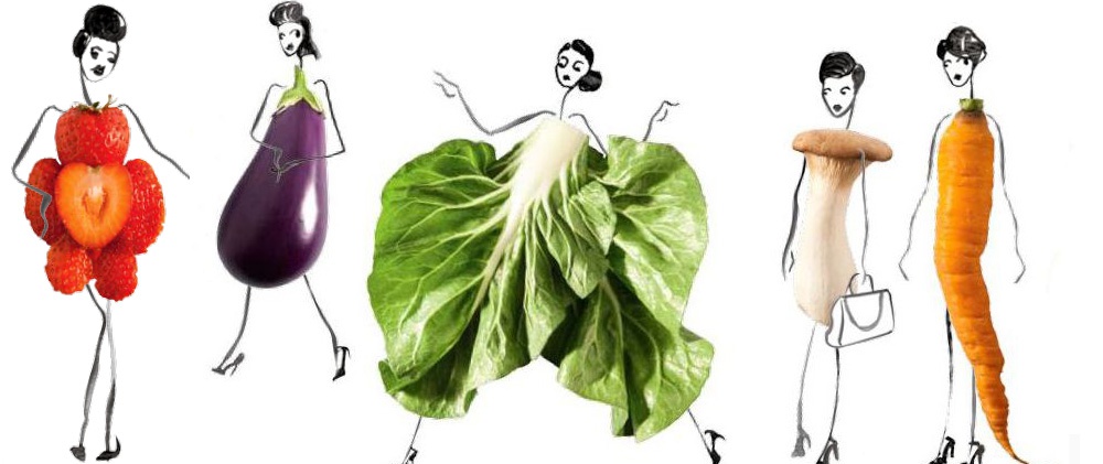 Aufgezeichnete Frauenfiguren mit jeweils einem Obst oder Gemüse als Körper.