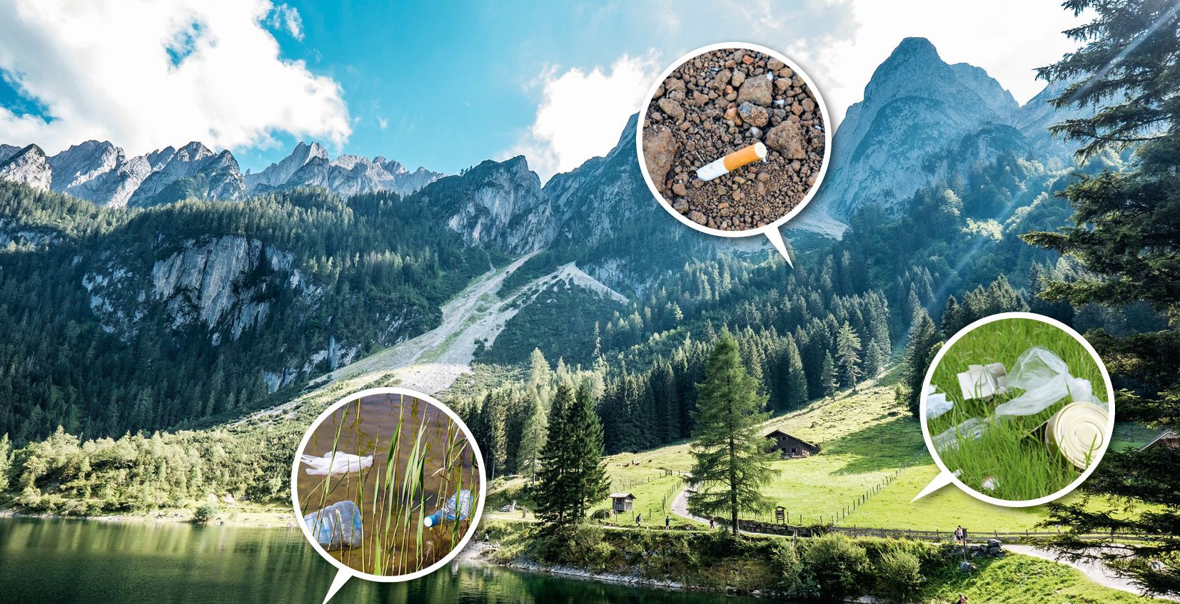 Vor einem wunderschönen Bergpanorama sind drei Detailaufnahmen in Kreisen zu sehen, die Müll in der Natur zeigen.