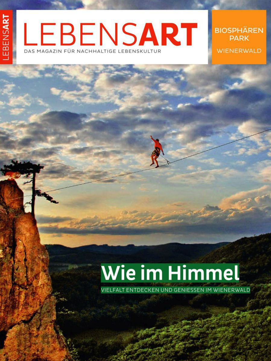 Auf dem Cover balanziert jemand auf einem Seil hoch über einer schönen Landschaft
