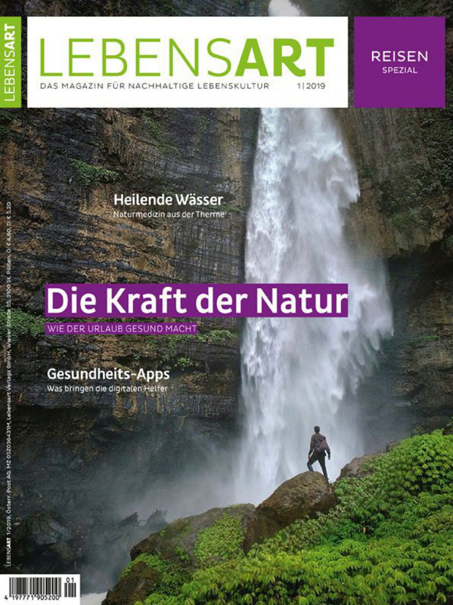 Vor einem imposanten Wasserfall steht ein einziger Mensch.