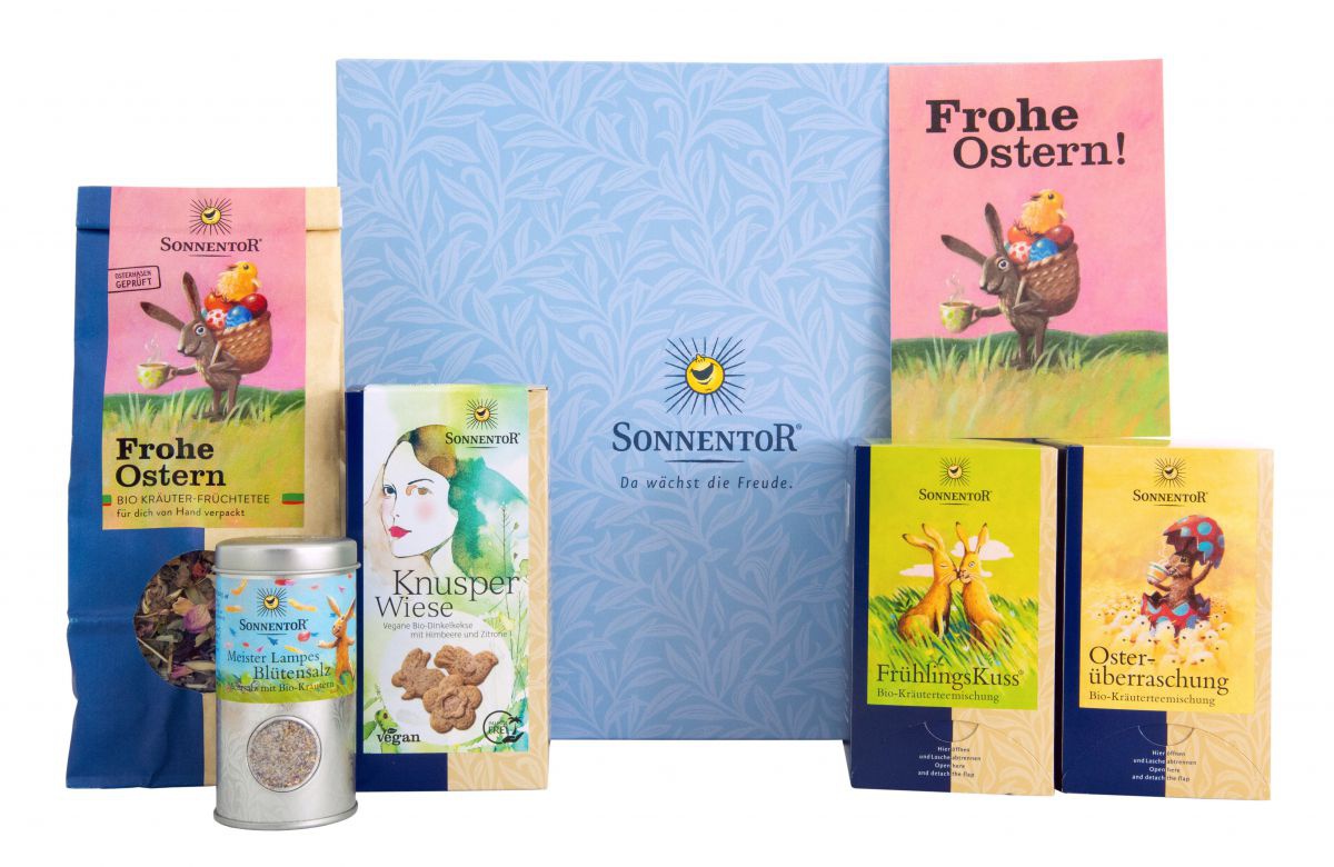 Ein Osterpaket mit dem losen Kräuter-Früchtetee 