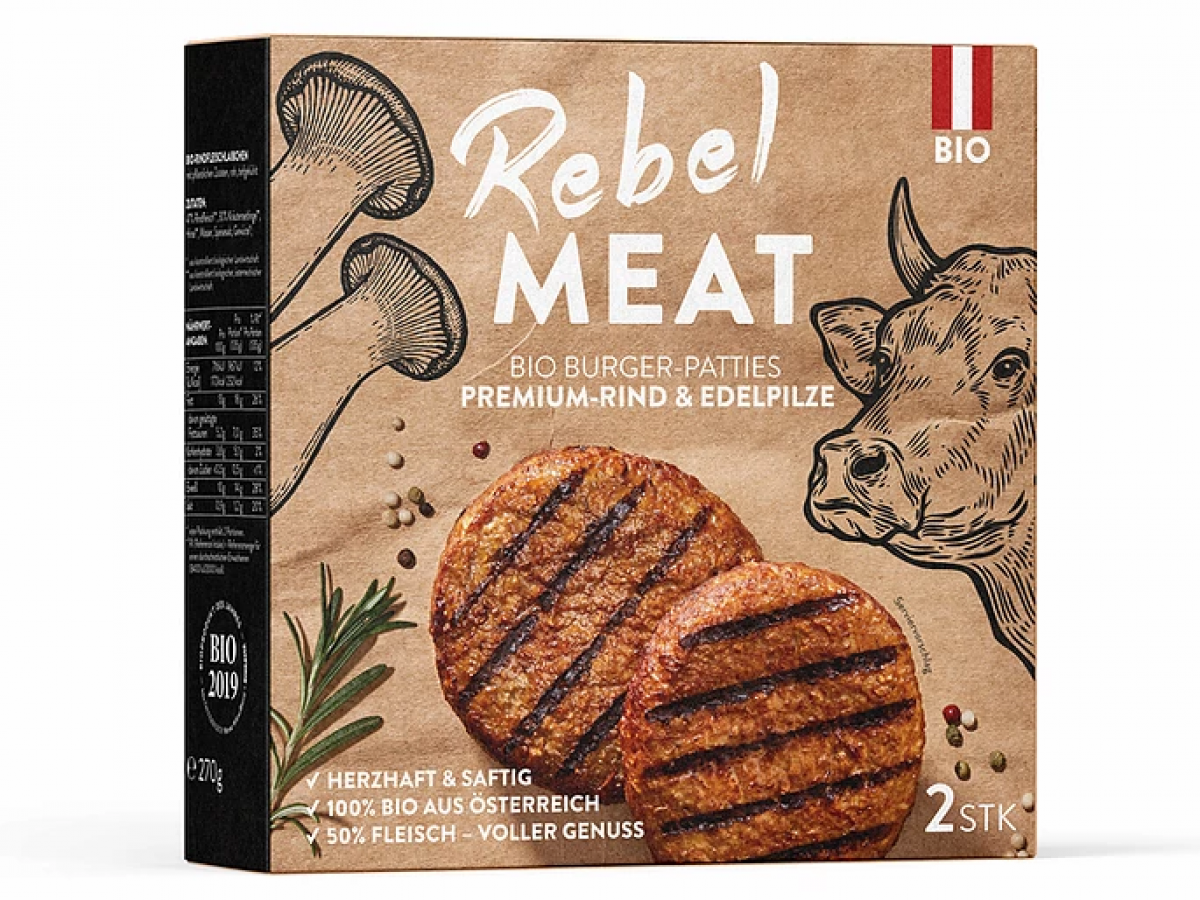 Eine Packung Rebel Meat zeigt zwei Patties.
