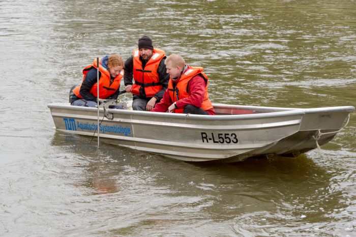 Drei Personen mit orangenen Schwimmwesten betrachten in einem Boot ein Objekt.