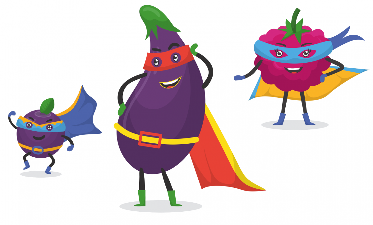 Comichafte Beeren und Melanzani tragen Superhelden-Capes.