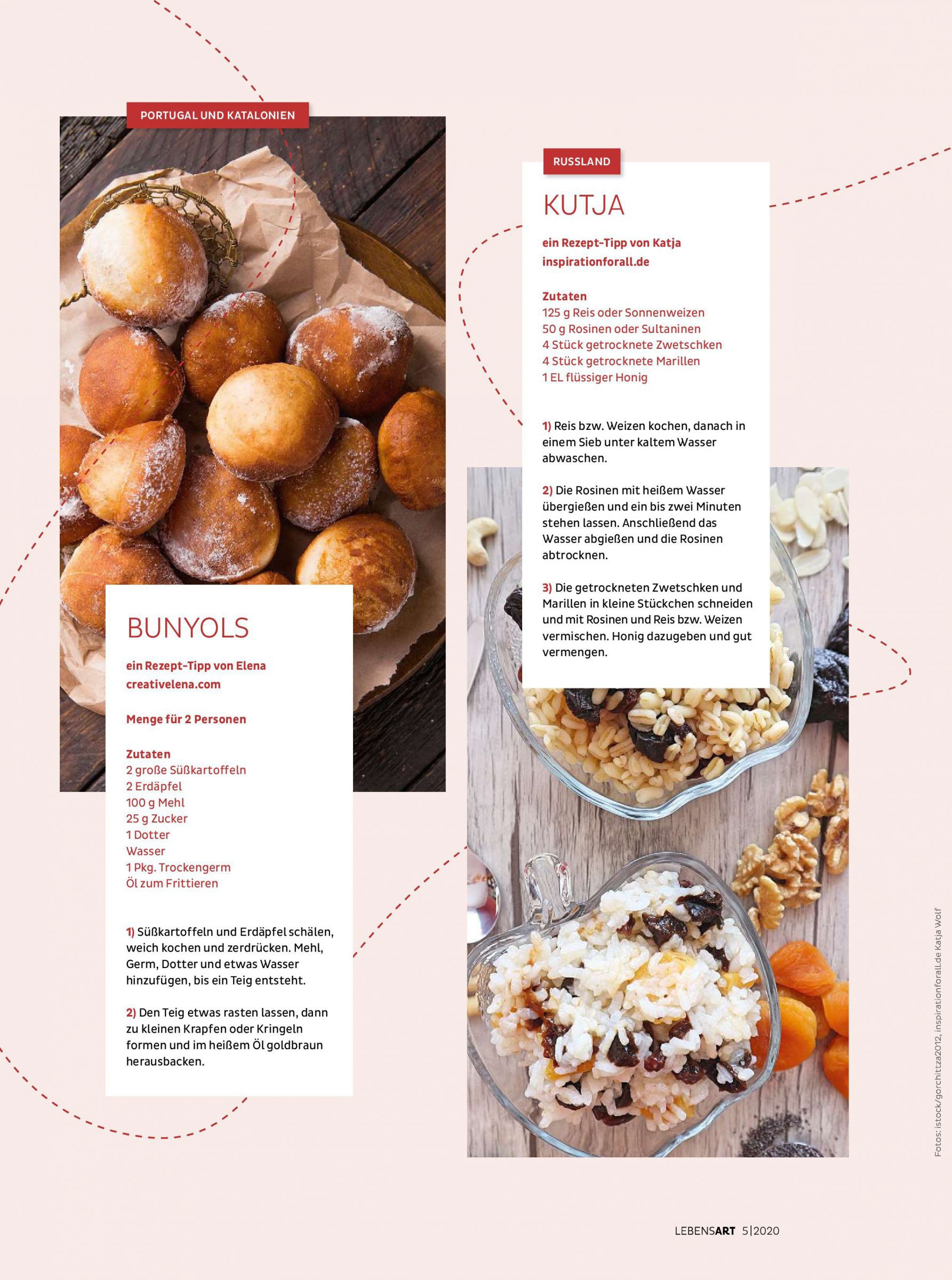 Die Seite zeigt Rezepte und Bilder für Bunyols und Kutja.