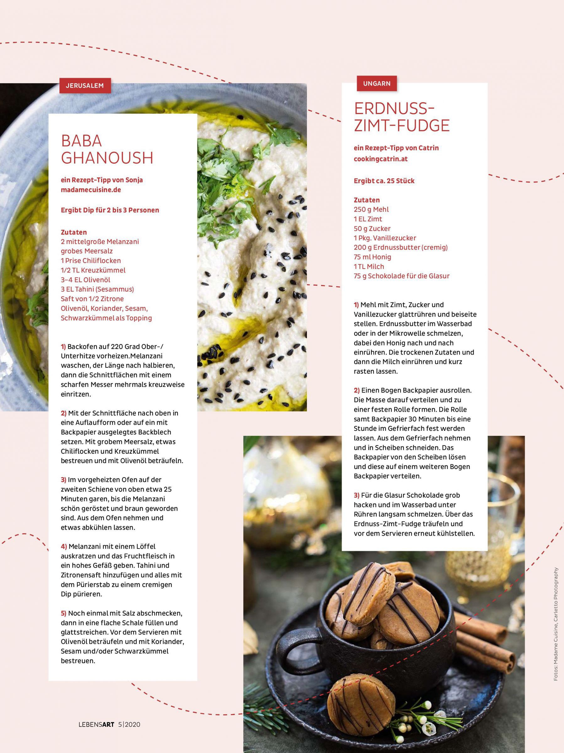 Die Seite zeigt das Rezept und Bilder für Baba Ghanoush und Erdnuss-Zimt-Fudge.