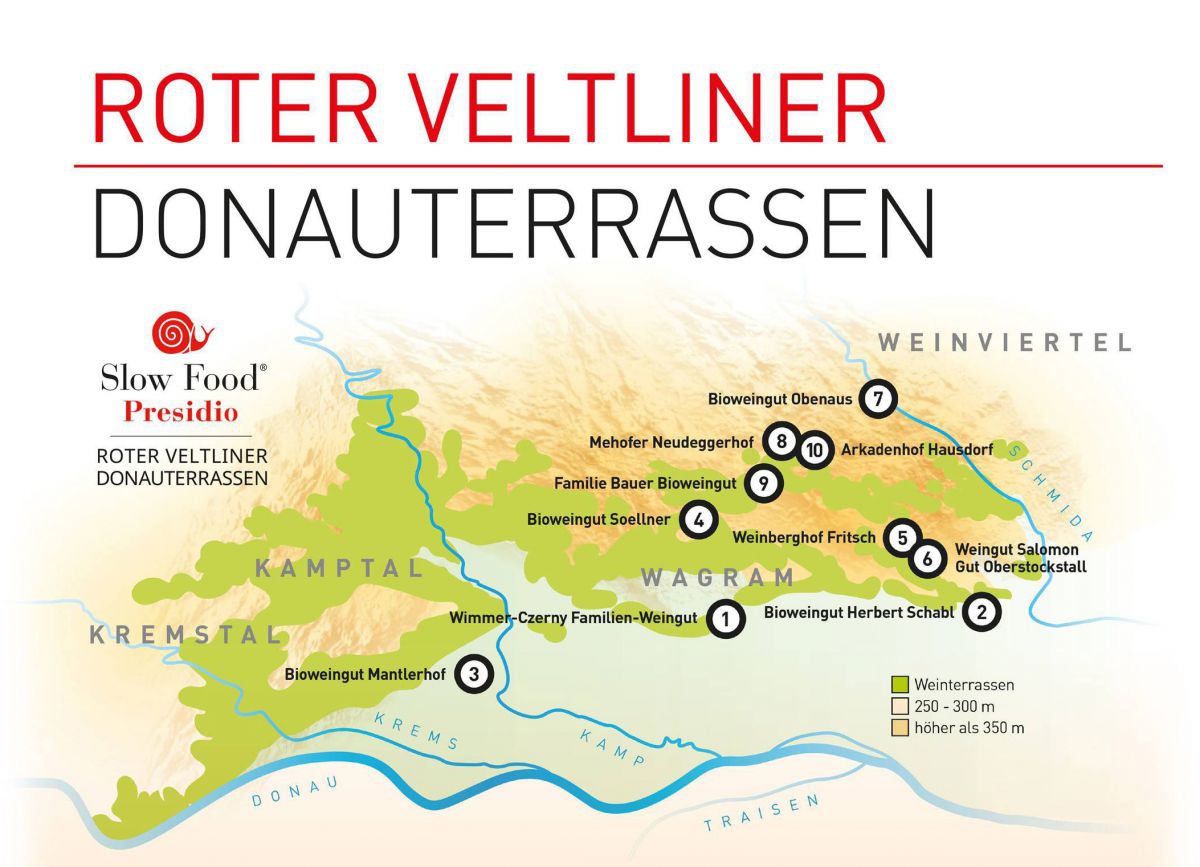 Eine Karte des Wagrams zeigt die verschiedenen Winzer, die Roten Veltliner anbauen.