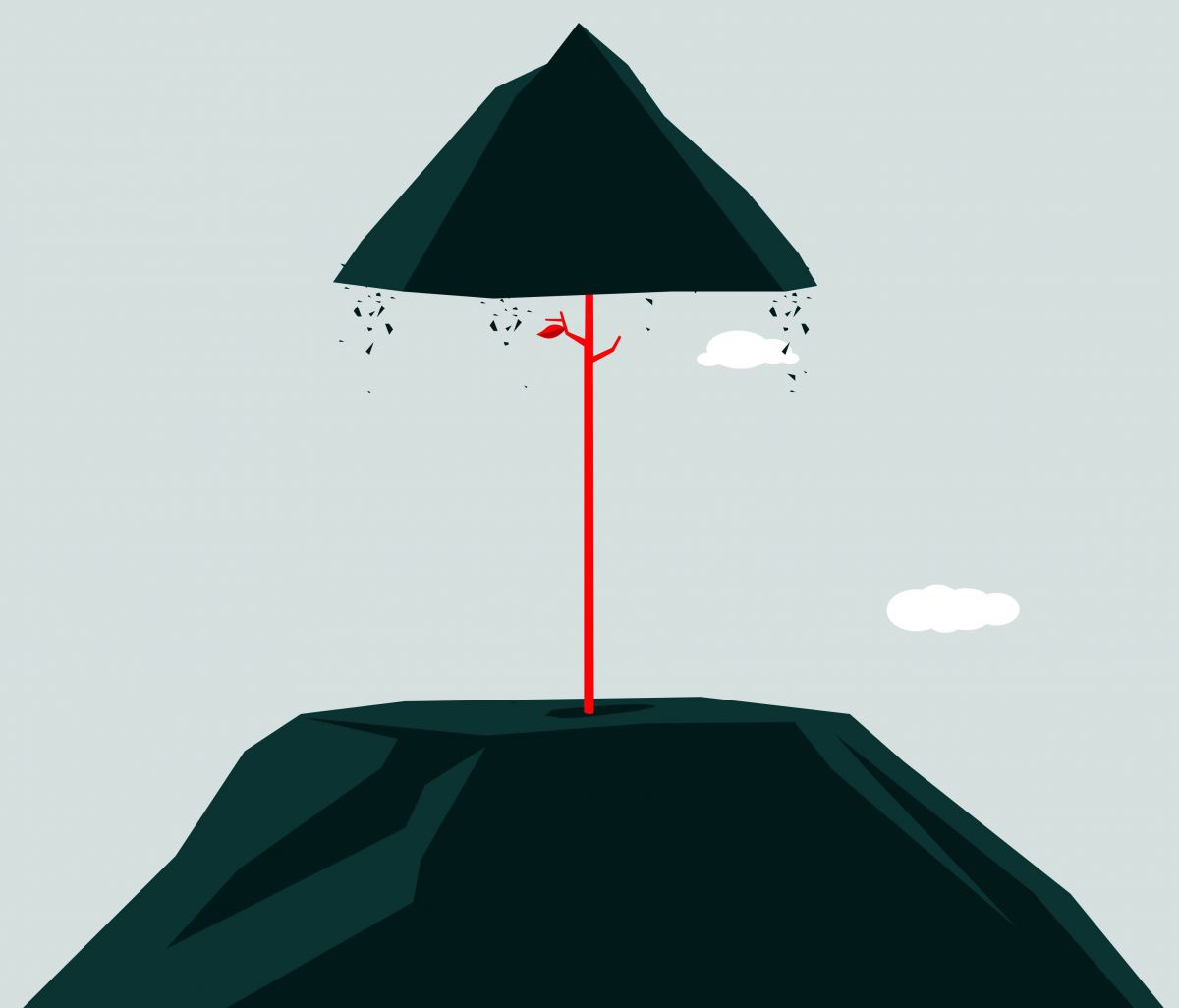 Eine Grafik eines Berges, dessen Gipfel durch ein rotes Pflänzchen in die Höhe gehoben wird.