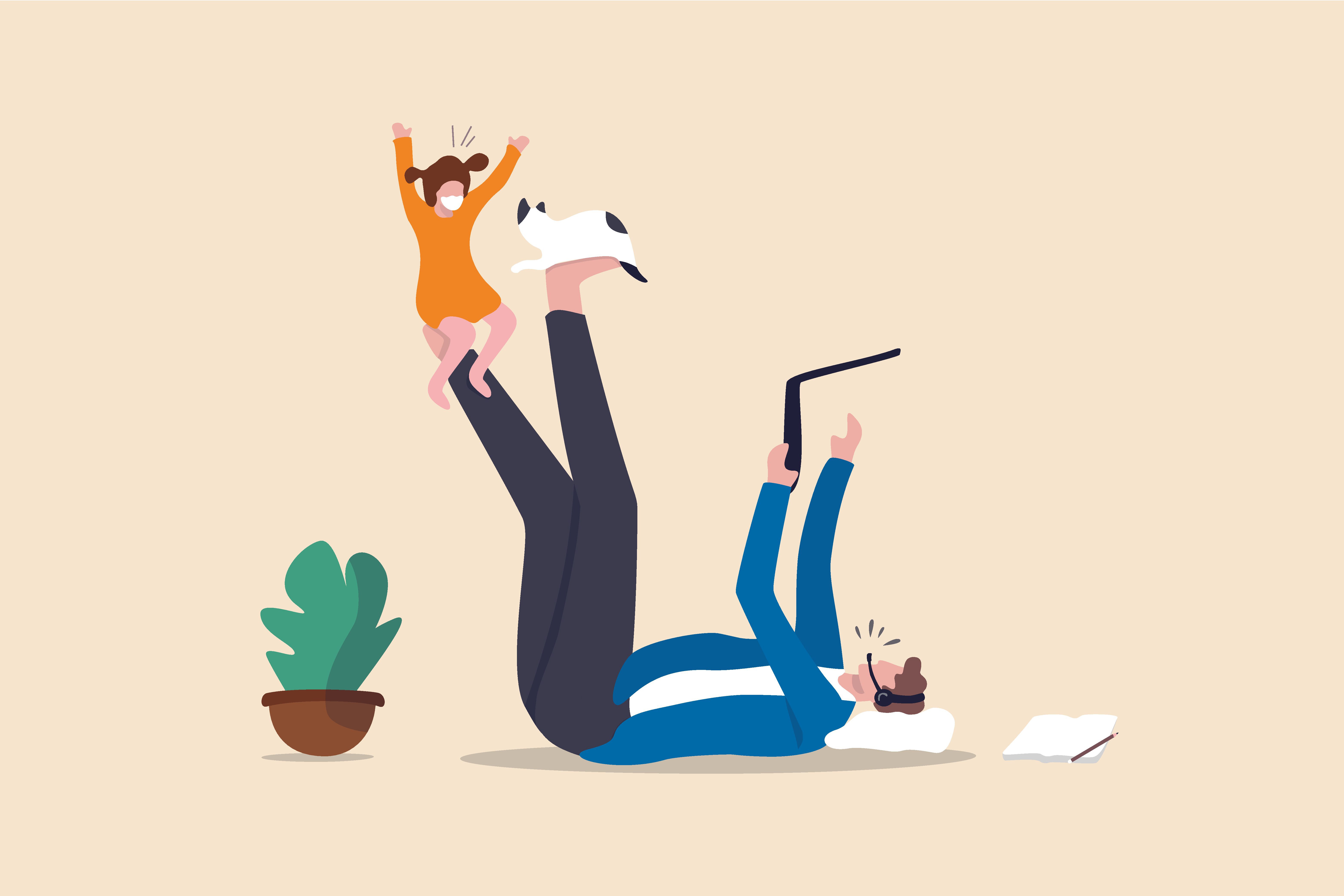 Illustration. Eine Person mit Headset und Laptop in der Hand liegt auf dem Rücken. Auf den zur Decke gestrecken Füßen balanciert sie ein kleines Kind und eine Katze. 