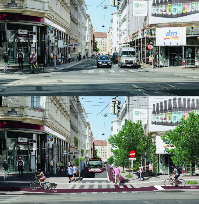 In einer Hälte des Bilds sieht man wie die Wiedner Hauptstraße und eine Seitengasse jetzt aussehen, in der anderen Hälfte wie sie mit mehr Begrünung und Fahrradstreifen lebenswerter wäre.