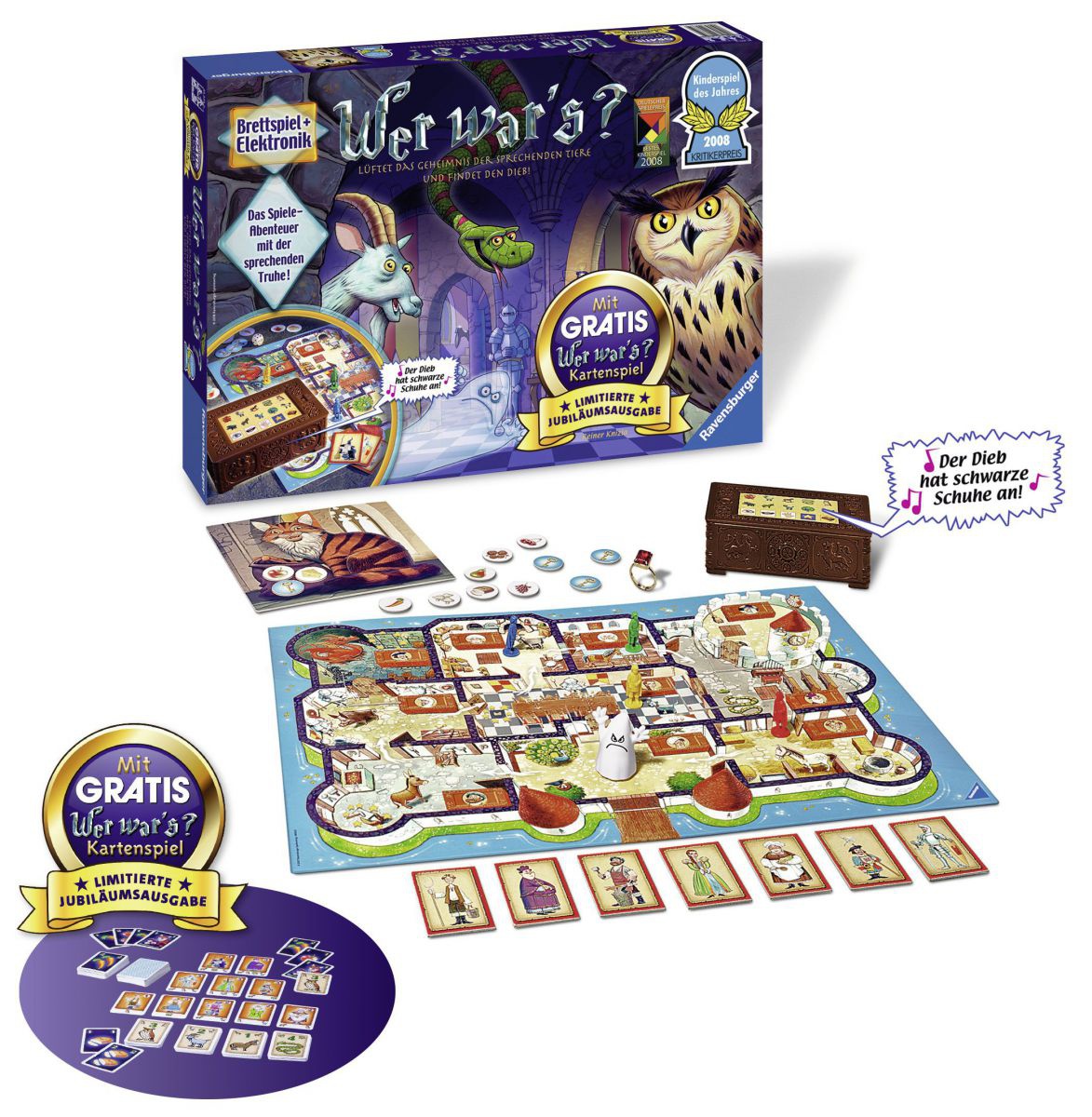 Ein Spielbrett auf dem Räume zu sehen sind mit Spielfiguren, Karten und einer sprechenden Truhe.