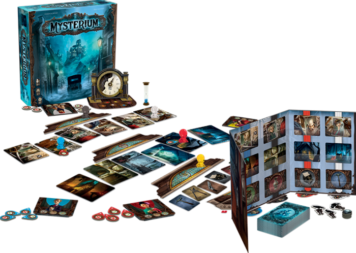 Die Box und Spielteile von Mysterium sind in einem klassischen Whodunnit-Stil gestaltet.