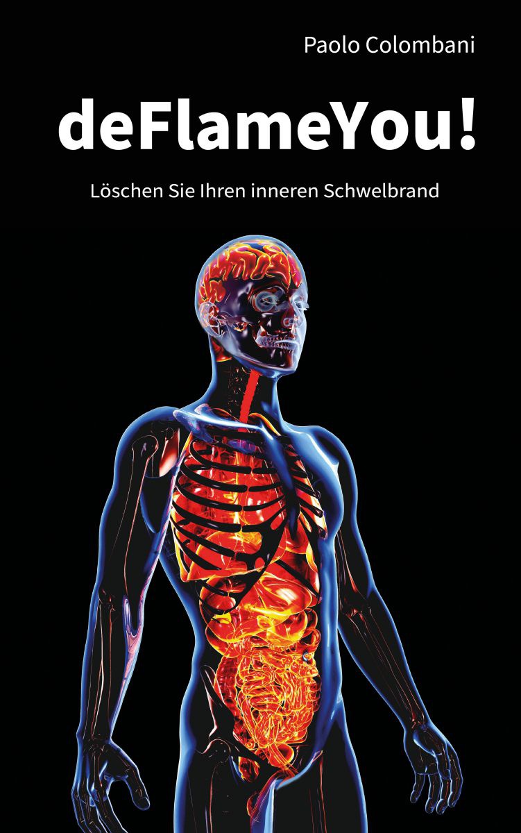 Am Cover des Buches deflameyou sieht man einen durchsichtigen, gezeichneten Körper, mit Flammen im Inneren