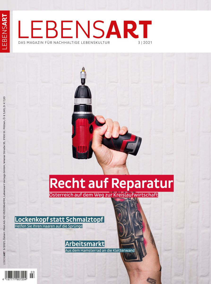 Auf dem Cover der Lebensart 3/2021 hebt ein tätowierter Arm eine Bohrmaschine senkrecht in die Höhe.