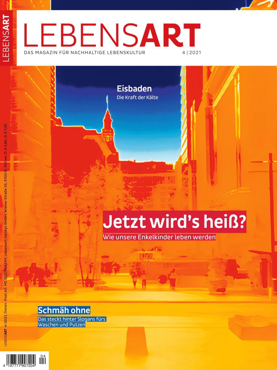 Ein stilisiertes Wärmebild einer Straße in der Stadt. Die Gebäude sind orange bis rot, der Boden gelb.