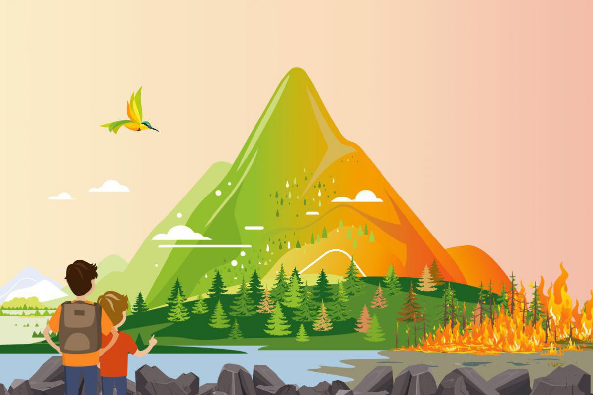 Eine Illustration einer Landschaft, die auf der linken Seite gesund ist und nach rechts immer verdorrter und trockener wird. Ganz rechts brennt der Wald. Im Vordergrund stehen zwei Kinder, die sich die Landschaft ansehen.