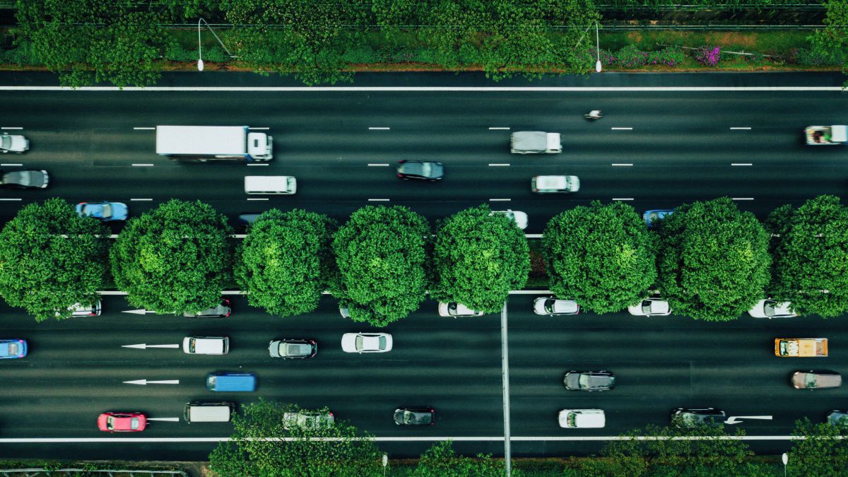 Eine Autobahn von oben. Am Mittelstreifen großkronige Bäume, zwischen den Fahrzeugen mehrere Lücken.
