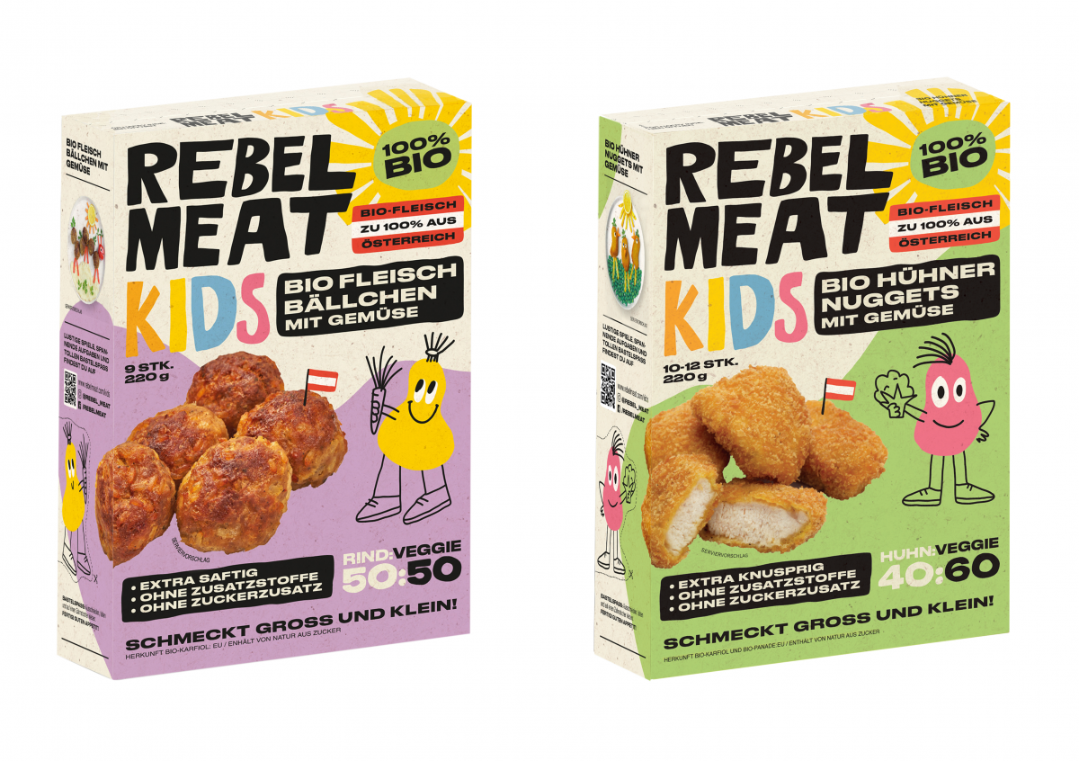 Die beiden Verpackungen der Biofleischbällchen und der Bio-Hühnernuggets nebeneinander.