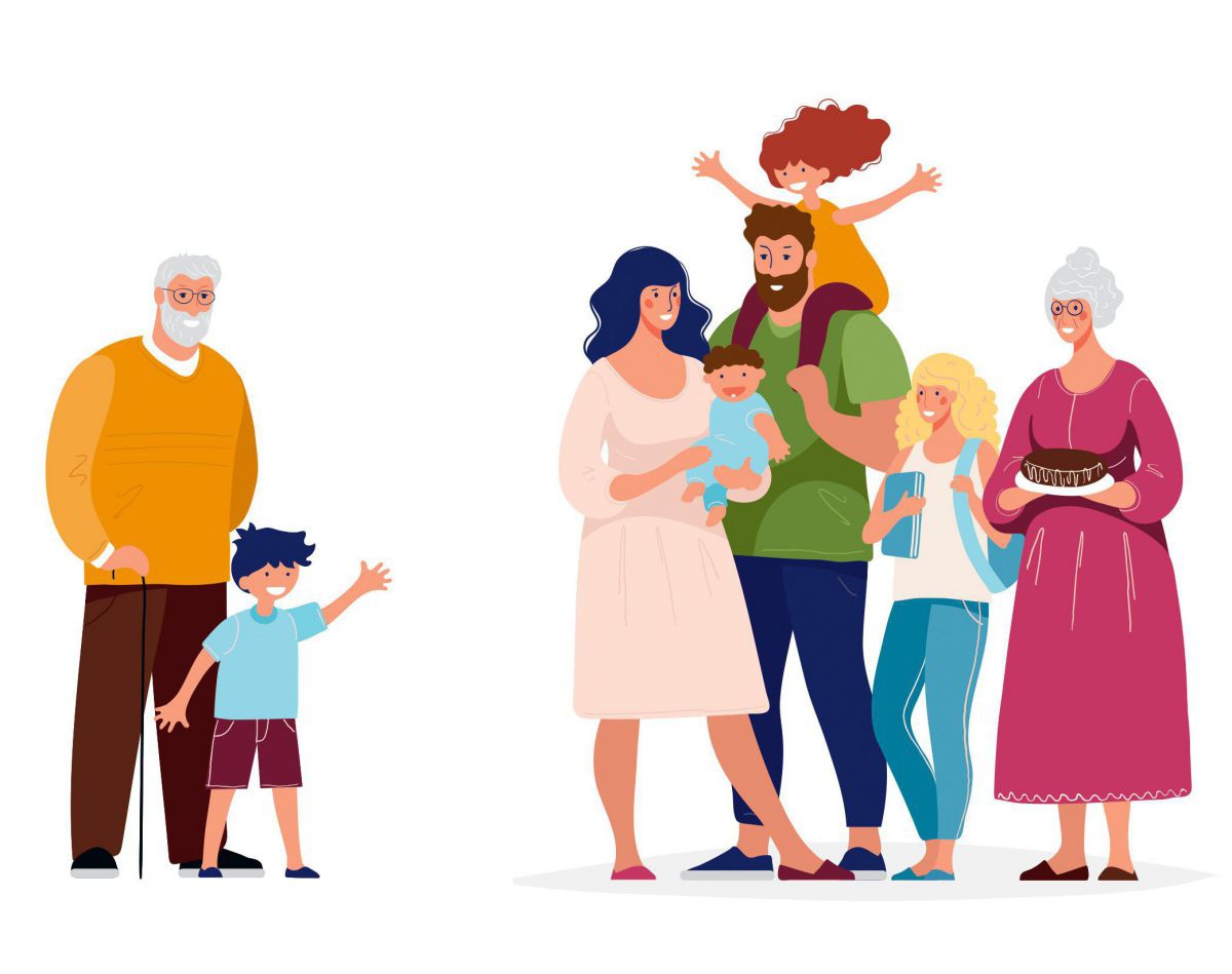 Eine Illustration von Menschen verschiedenen Alters, die beisammen stehen.