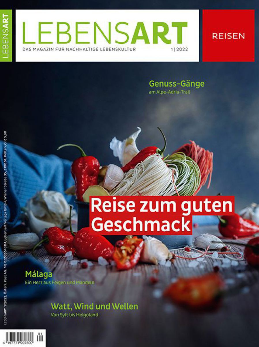 Ein Closeup von bunten Nudeln, roten Paprika, Knoblauch und Gewürzen.