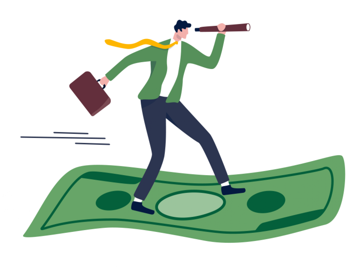 Illustration eines Mannes, der auf einem Dollarschein surft und dabei in einer Hand einen Aktenkoffer trägt und mit der anderen ein Fernrohr vor sein Auge hält.