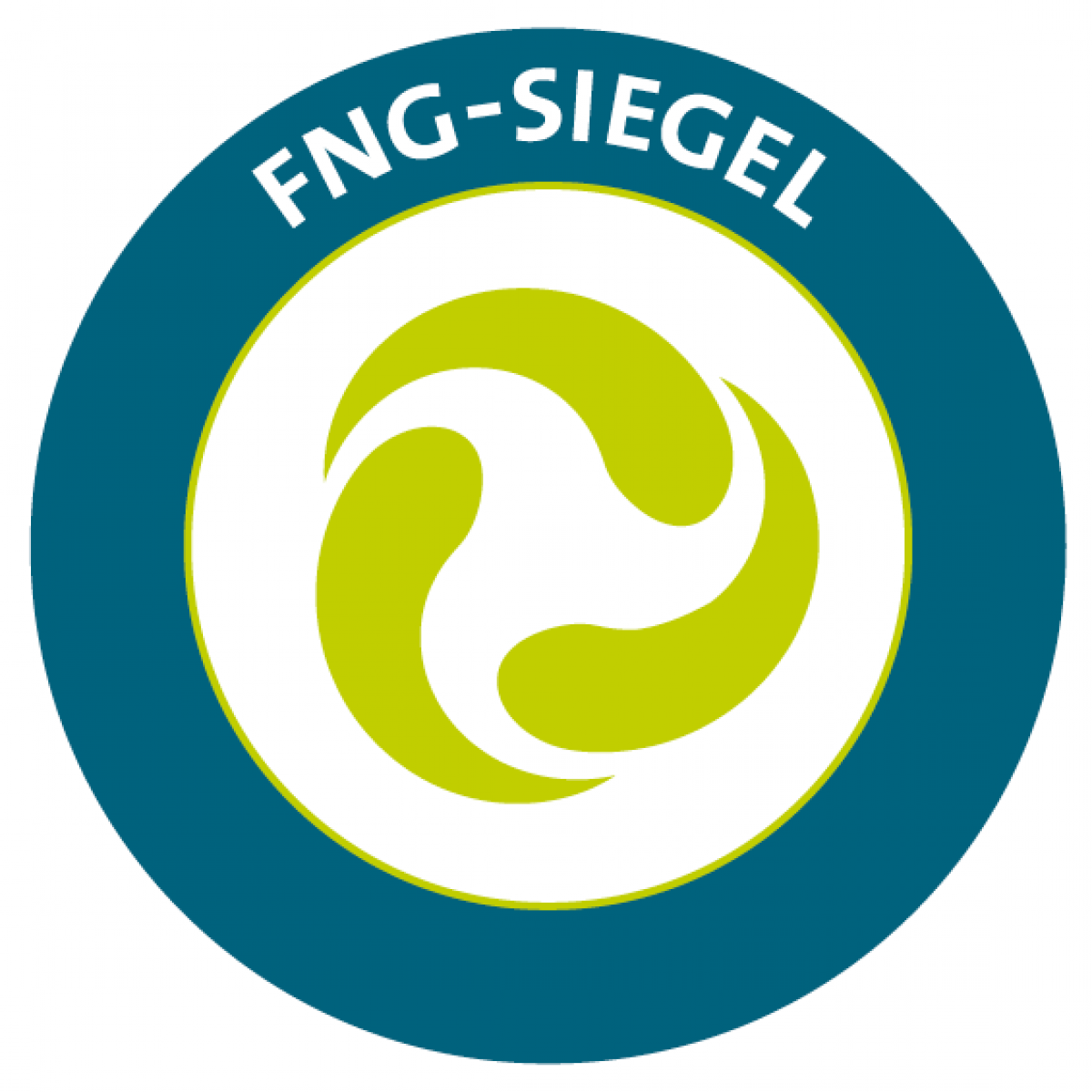Das Siegel hat einen äußeren blauen Ring in dem in weiß 