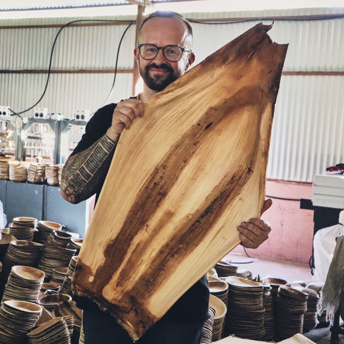 Ein junger Mann mit Brille hält ein getrocknetes Palmblatt hoch. Er steht in einem Produktionsraum mit vielen Schalen.
