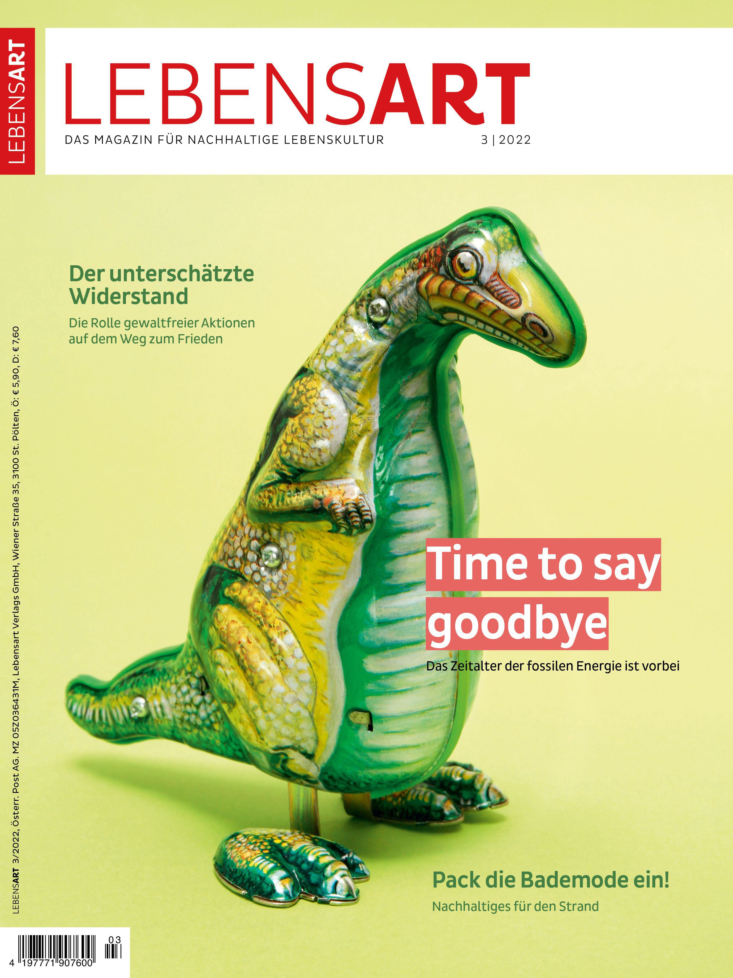 Auf dem Cover ist ein Blechdinosaurier vor hellgrünem Hintergrund zu sehen. Dabei steht: Time to say goodbye. Das Zeitalter der fossilen Energie ist vorbei.