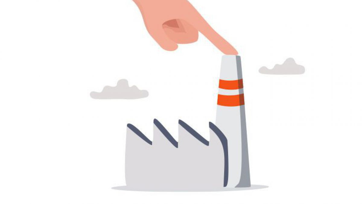 Illustration einer Riesenhand, die mit dem Zeigefinger den Schornstein eines Kraftwerkes zuhält. 