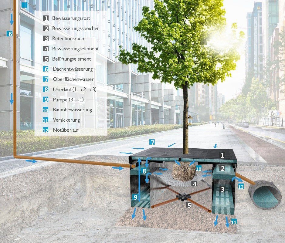 Eine Grafik eines Baumes mit Bewässerungssystem in einer Stadtumgebung.