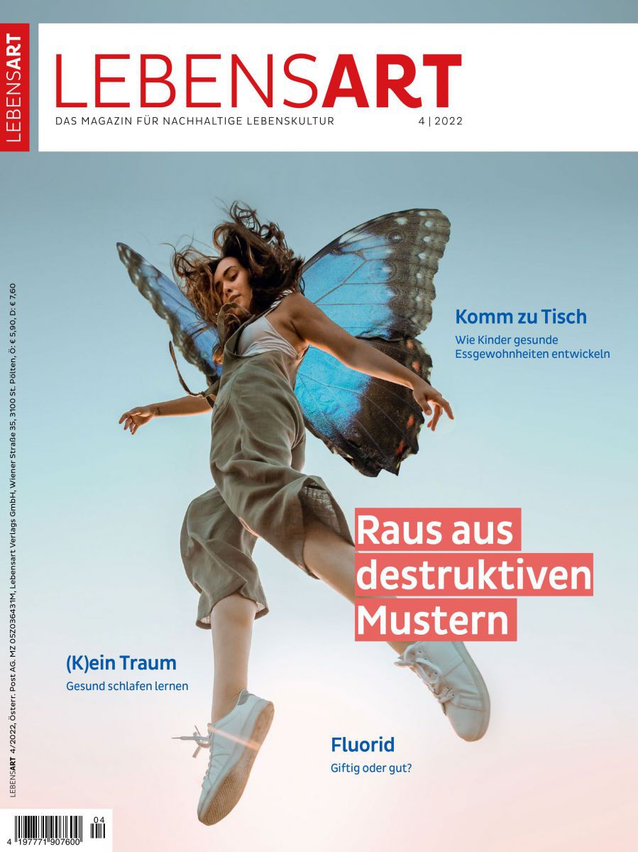 Eine junge Frau mit Schmetterlingsflügeln schwebt Richtung Himmel. Text: Raus aus destruktiven Mustern.