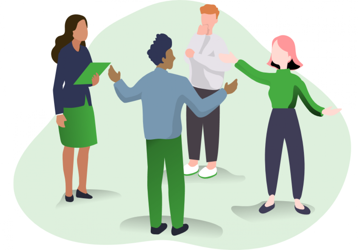 Illustration: zwei Frauen und zwei Männer, die diskutieren