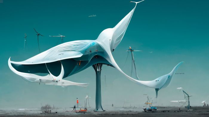 Ein surreales Bild, das die Form eines Windrades mit jener eines Wals verbindet.
