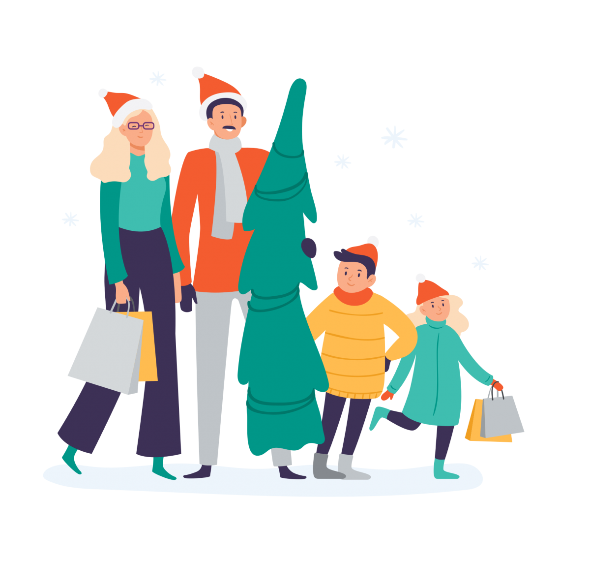 Eine Illustration einer Familie, die mit Weihnachtsbaum vom Einkaufen zurückkommt.