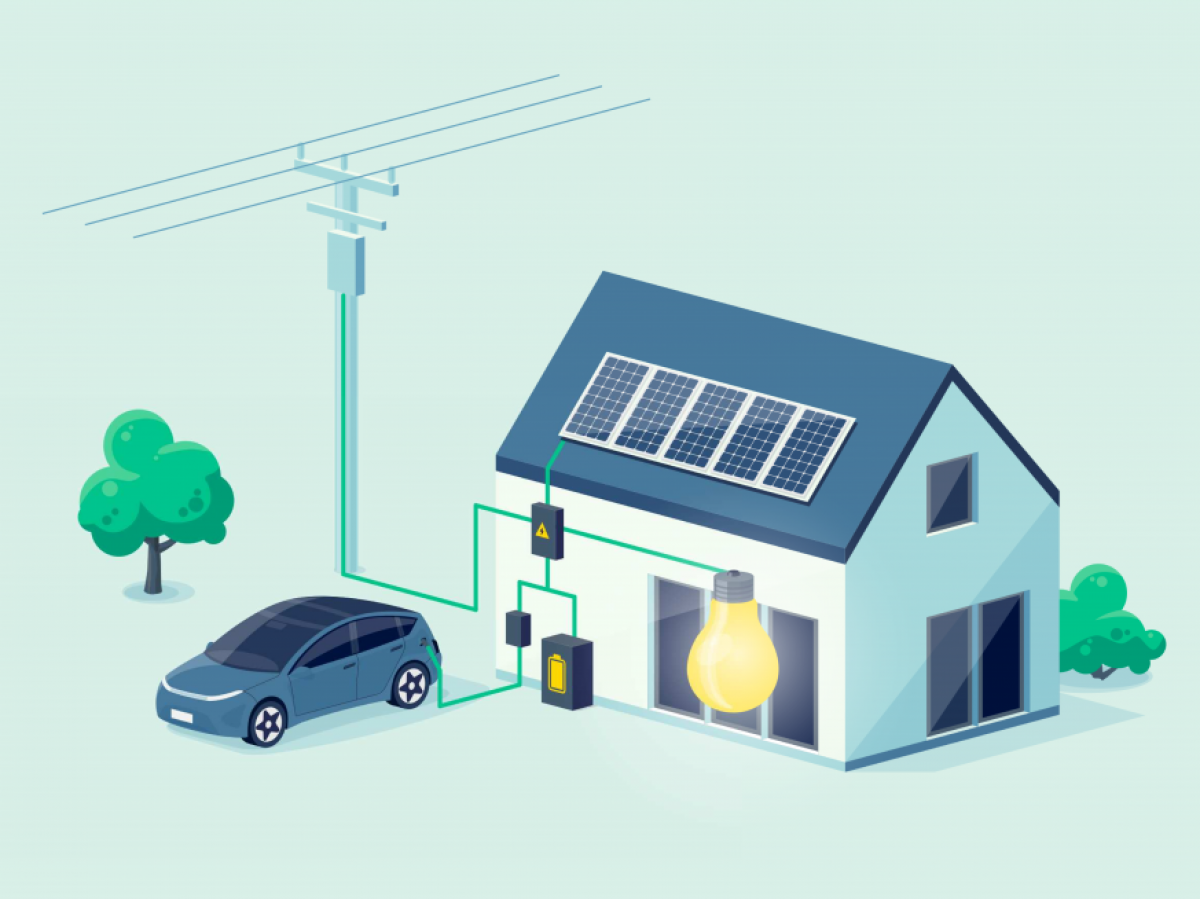 Illustration eines Hauses mit Photovoltaik und Wärmepumpe.
