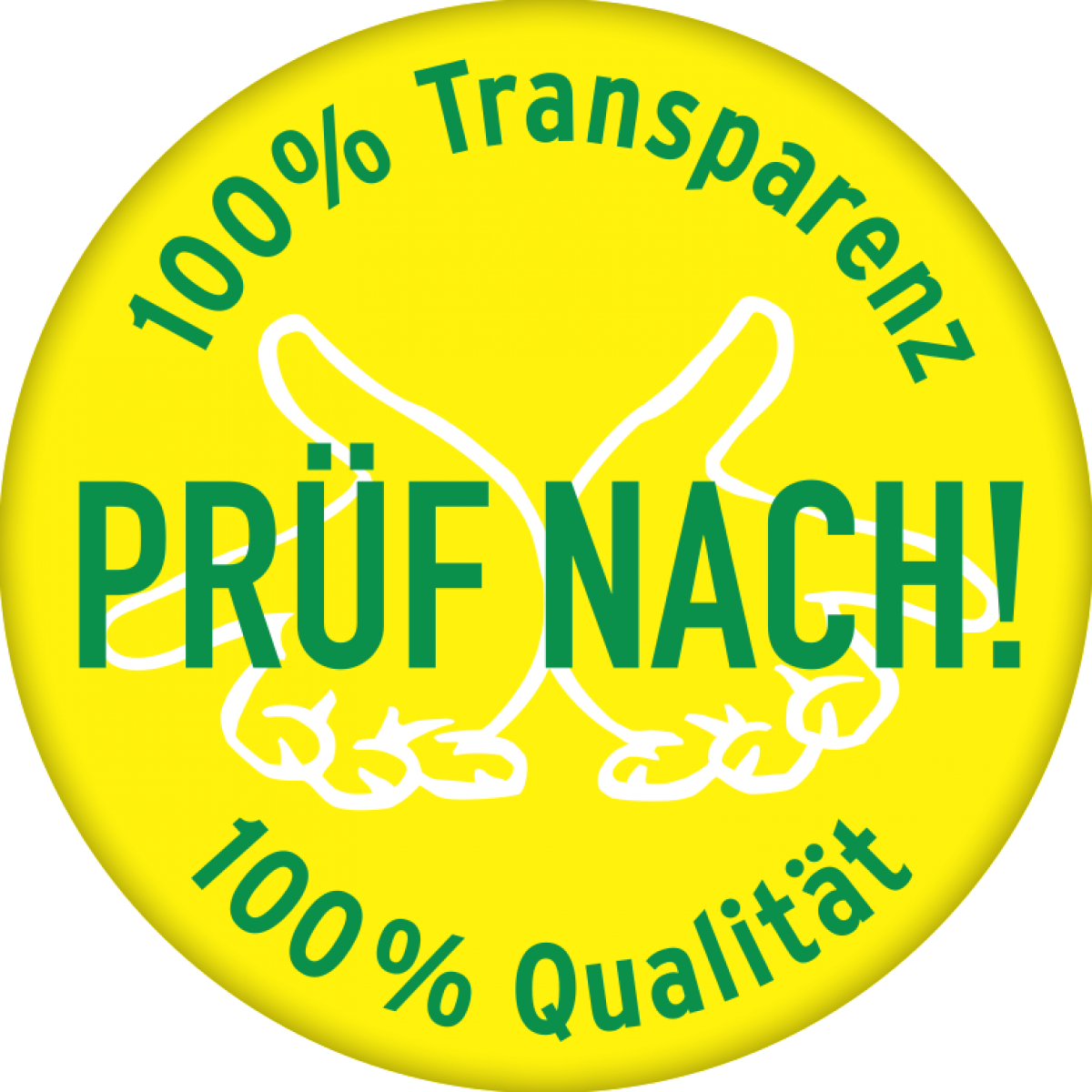 Das Prüf Nach! Logo ist ein gelber Kreis mit grüner Schrift die neben dem Titel auch 