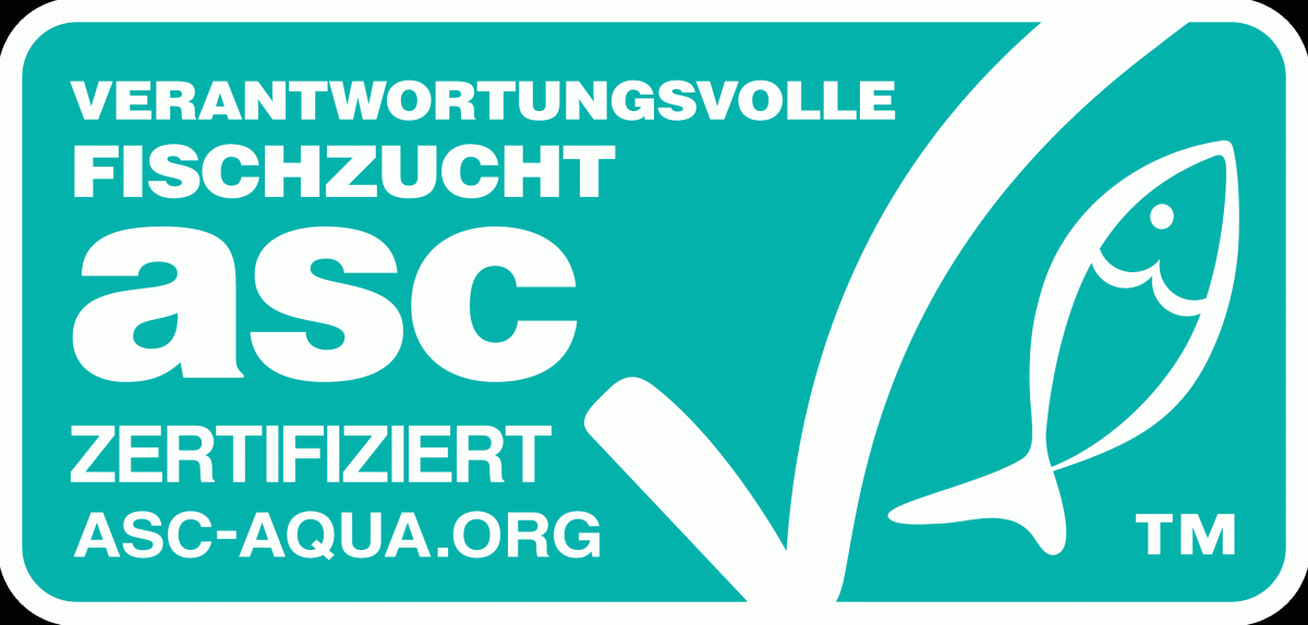 Ein türkises Logo mit einem weißen Häckchen, einem weißen stilisierten Fisch und weißer Schrift: 