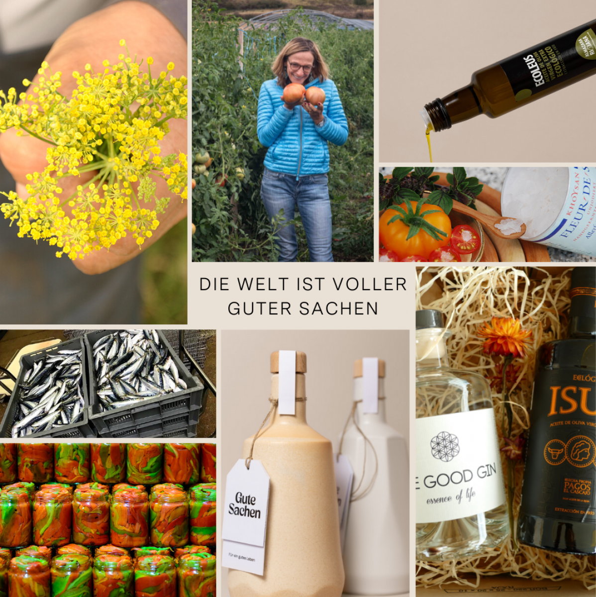 Eine Collage aus Produkten von Gute Sachen und der Gründerin. In der Mitte steht 
