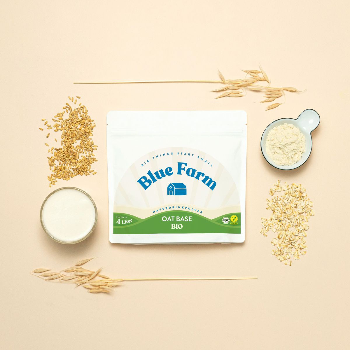 In der Mitte liegt ein Beutel Oat Base Bio, rundherum sind Hafer, Körner, eine Schüssel mit Pulver und ein gefülltes Glas angeordnet.