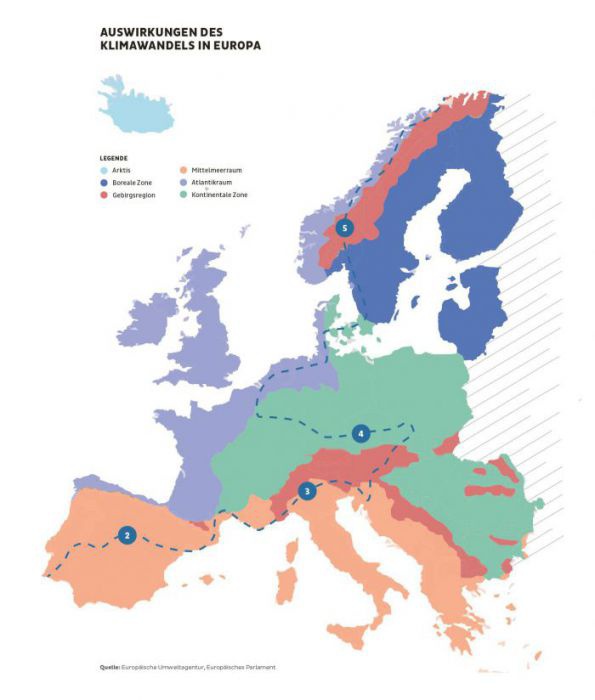 Eine schematisierte Europakarte in der verschiedene klimatische Zonen verschieden eingefärbt sind. 	