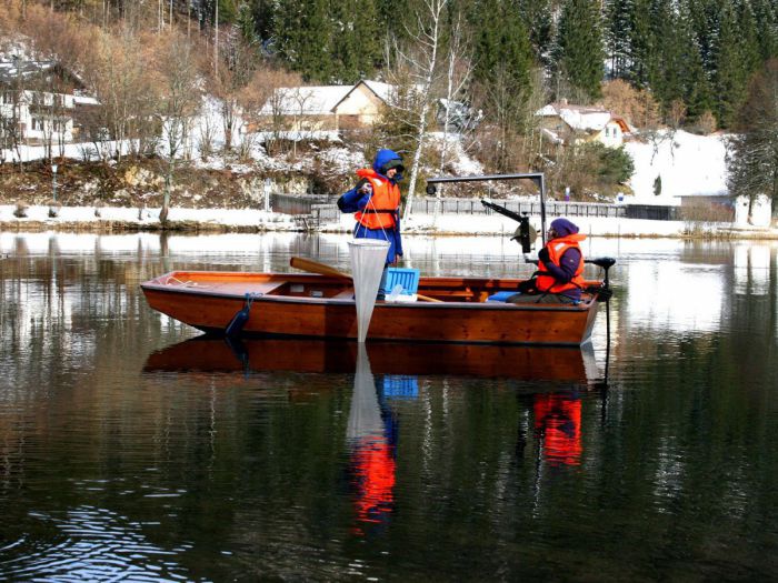 Zwei Forscher entnehmen von einem Boot aus Proben aus dem Wasser des Lunzer Sees um die Belastung durch Microplastik zu erfassen.