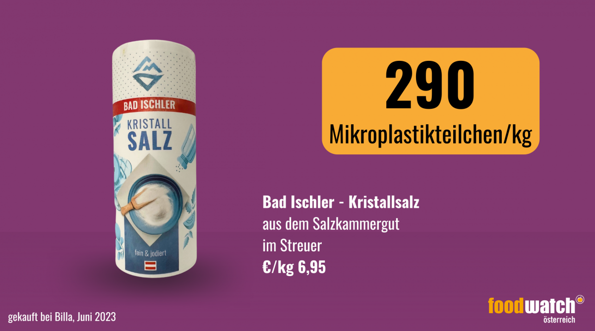 Eine Packung Bad Ischler Kristallsalz in einem runden Streuer beinhaltet 290 Mikroplastikteilchen pro Kilogramm.