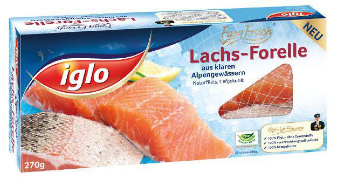 Die Verpackung einer Iglo Fang-Frisch Lachs-Forelle zeigt ein Bild eines aufgeschnittenen Filets.