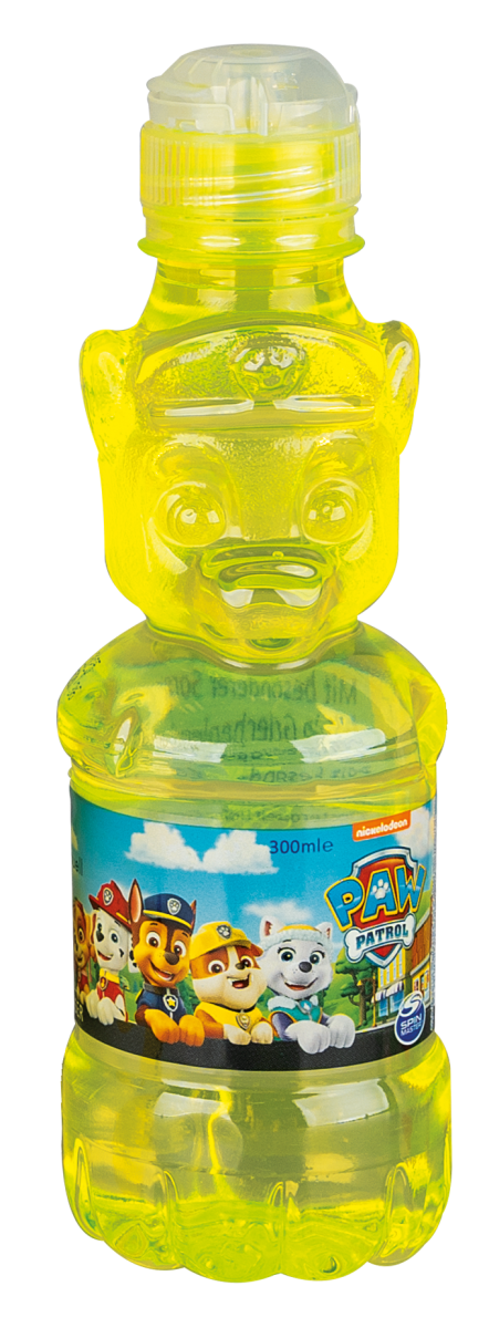 Eine gelbe Plastikflasche in Hundeform mit einem Paw-Patrol-Etikett.
