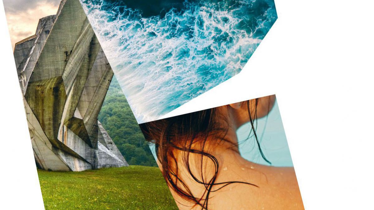 Eine Collage aus einem Betondenkmal, der Gischt im Merr und den nassen Haaren einer Schwimmerin.
