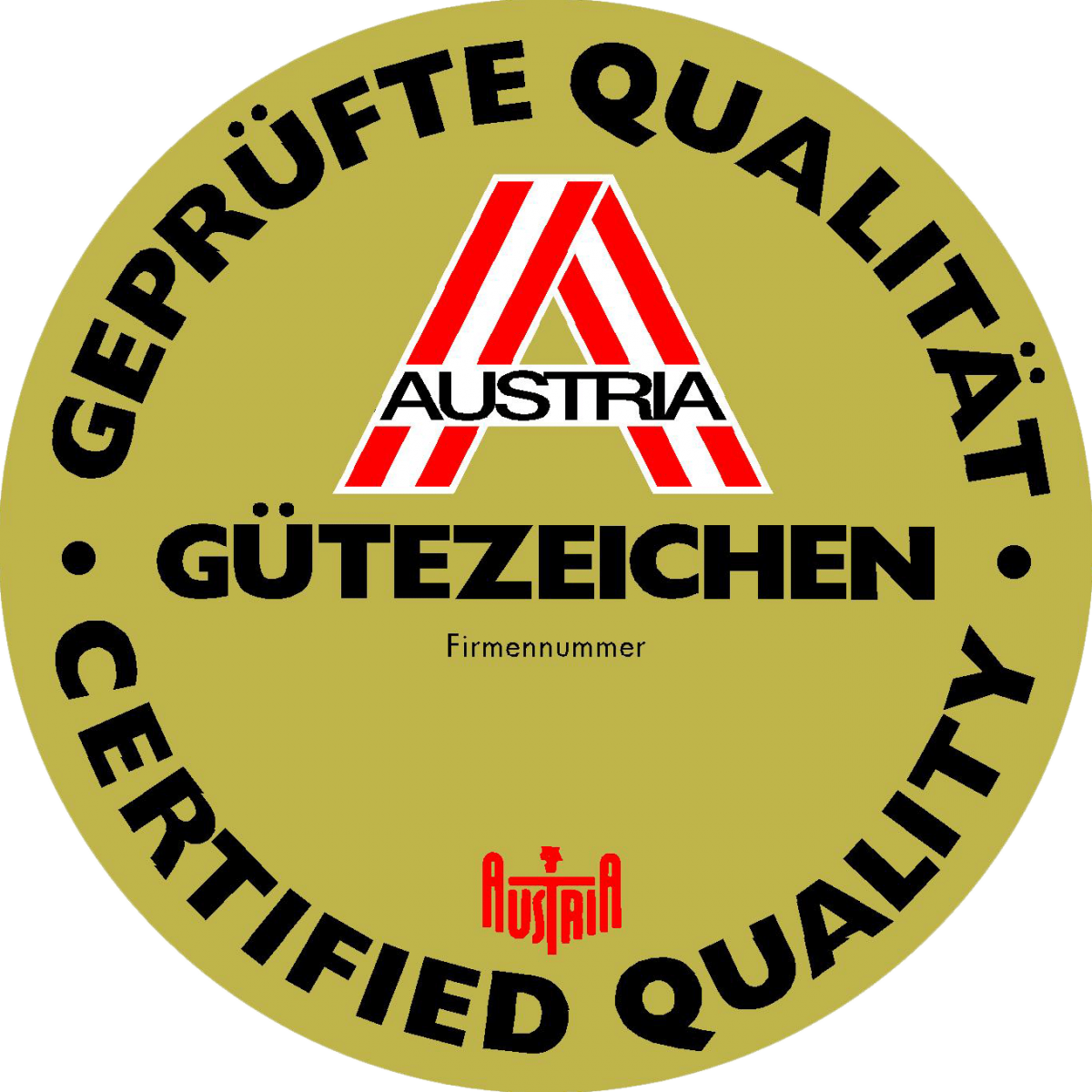 Eine goldene Plakette mit einem rot-weiß-rotem A und einer schwarten Aufschrift 