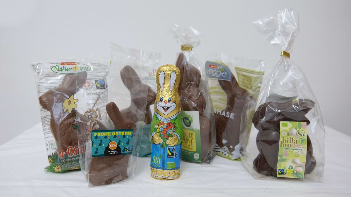 Einige Schoko-Osterhasen aufgereiht