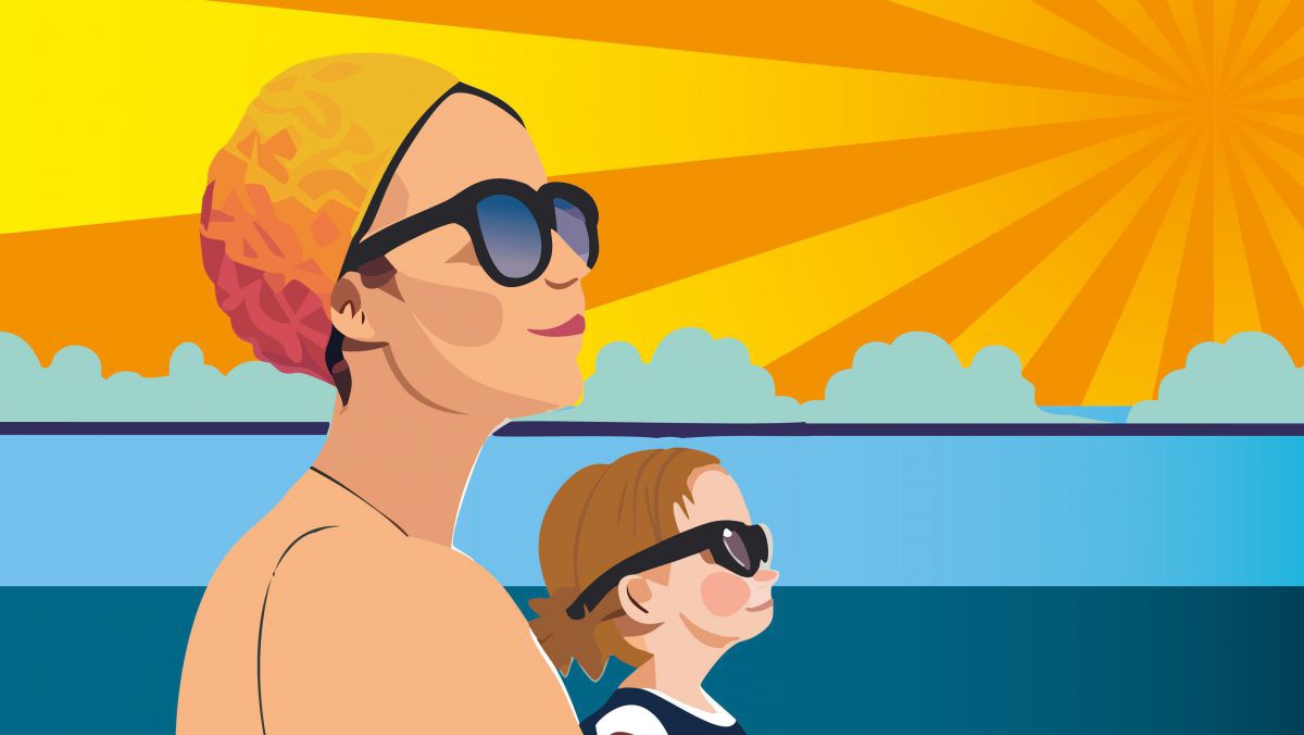 Eine Illustration einer Frau und eines Kindes, die in der Sonne stehen und Sonnenbrillen tragen.